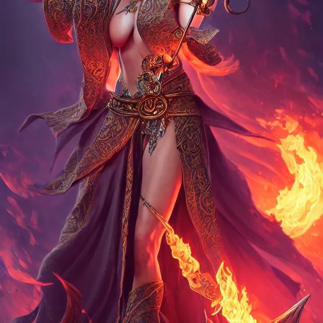 Image similar to beautiful elemental fire witch with ornate robes and staff, highly detailed, 4 k, hdr, smooth, sharp focus, high resolution, award - winning photo, artgerm, photorealistic