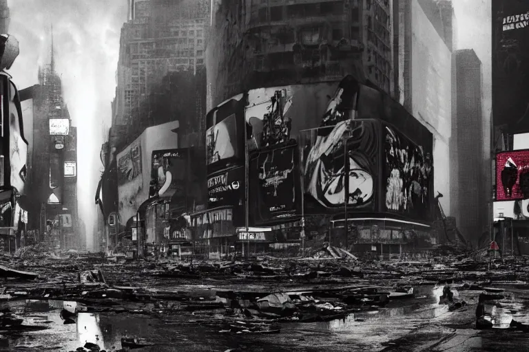 Prompt: photo of an destroyed times square after a nuclear attack, thunderstorm, desolate, 8 k, uhd, artstation, award winning