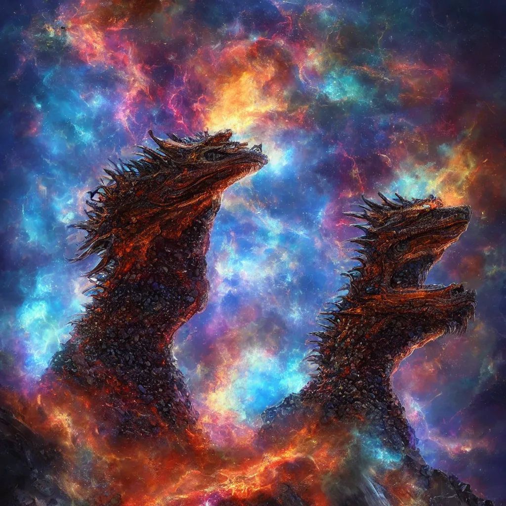 Prompt: A portrait of a dragon made of stones in a nebula explosion, trending on artstation, digital art,