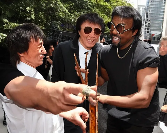 Prompt: Kayne West and Jackie Chan smoking one giant two foot joint, By Rainer Hosch