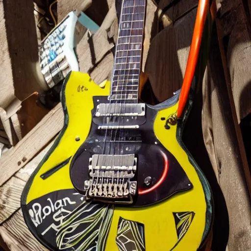 Image similar to an electric guitar made entirely out of garbage