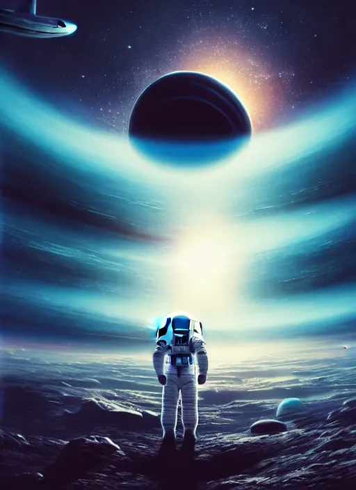 Image similar to astronaut cosmonaut discovery of new worlds of galaxies panorama, fantasy portal to far universe. astronaut space exploration, gateway to another universe, cinematic view, epic sky, detailed, concept art, low angle, high detail, warm lighting, volumetric, godrays, vivid, beautiful, trending on artstation, by jordan grimmer, huge scene, art greg rutkowski