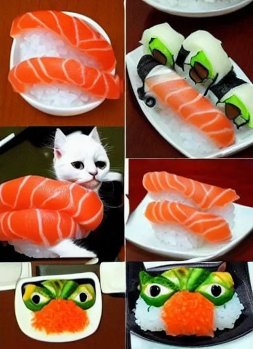 Image similar to clear photorealistic picture of adorable cats made out of sushi