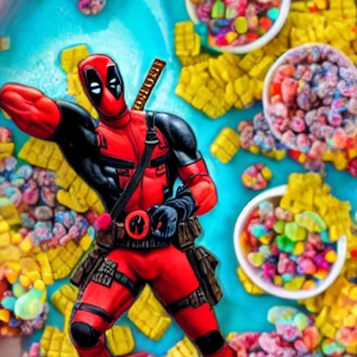 Image similar to Deadpool at home swimming in a bathtub full of fruity pebbles cereal