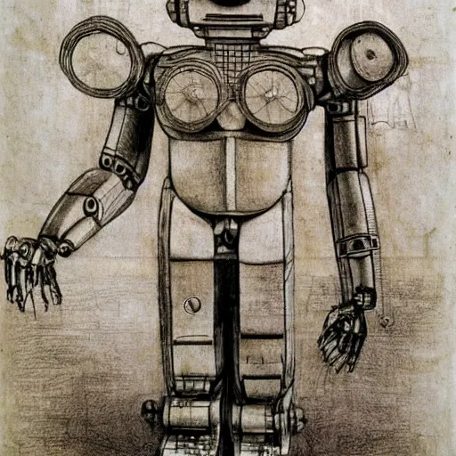 Image similar to sketch of a complex humanoid robot by leonardo da vinci and James McCarthy