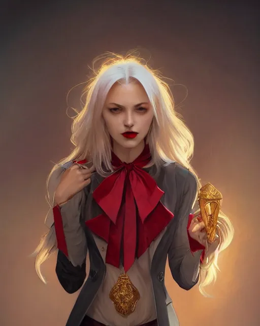 Image similar to female vampire, perfect face, gold waistcoat, red shirt, long grey hair, red necktie, cinematic, stunning, highly detailed, digital painting, artstation, smooth, hard focus, full body shot, illustration, art by artgerm and greg rutkowski and alphonse mucha