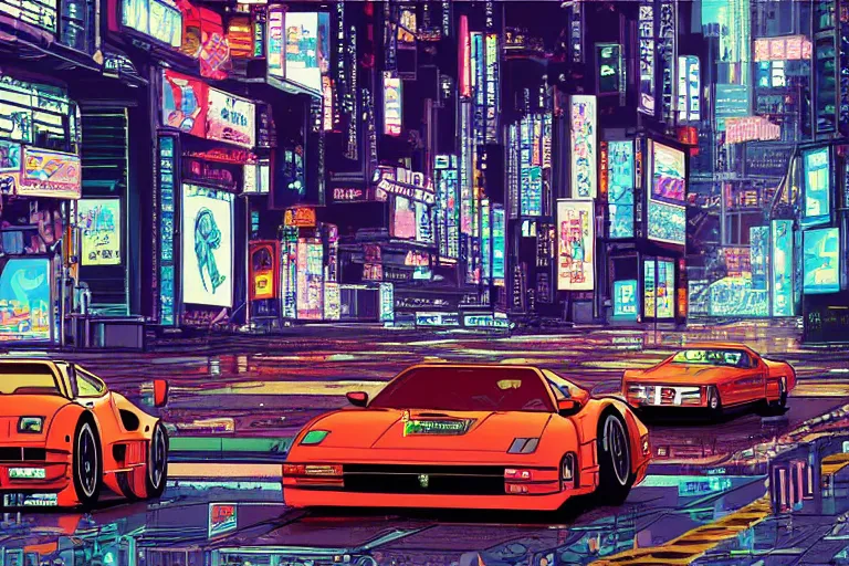 Prompt: 1985, single Ferrari GTO, city in anime cyberpunk style by Hayao Miyazaki