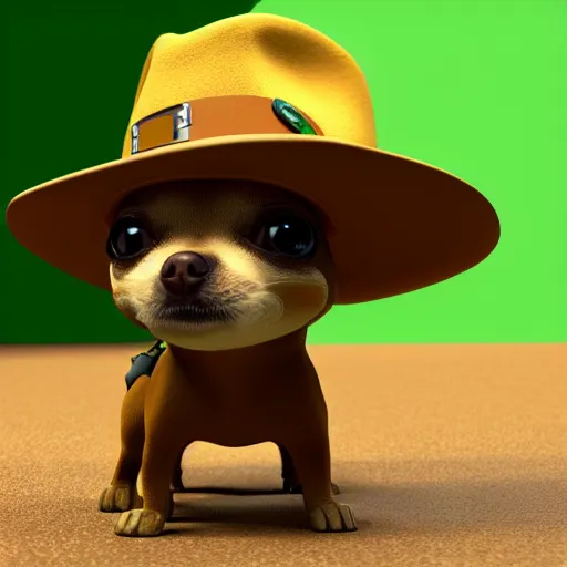 Prompt: park ranger chihuahua, 3 d model, tan and green uniform, tan fedora, brown and white fur, green and tan atv, 3 d model, cartoony, pixar style, artstation, unreal engine, in the rainforest, 4 k, ultra quality
