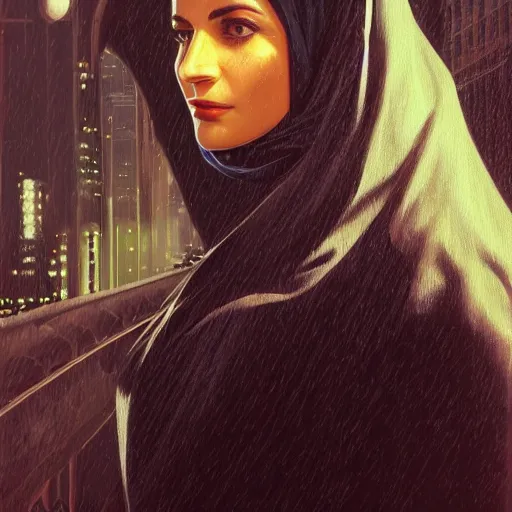 Image similar to detailed face of an arabic woman, clockwork, moment, tectonic sky, skydome, bullet train, turbines, utopian, tech noir, wet reflections, prism, atmospheric, ambient, pj crook, syd mead, livia prima, artgerm, greg rutkowski, nick alm, casey baugh