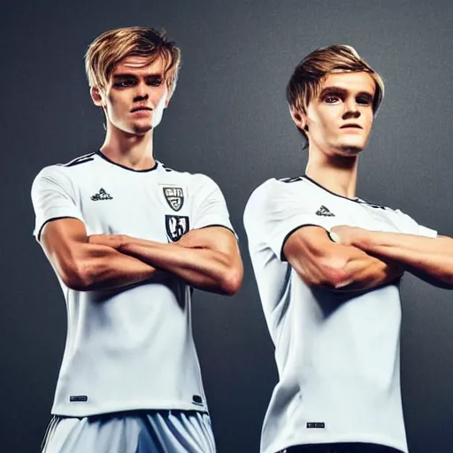 Image similar to a realistic detailed photo of a guy who is an attractive humanoid who is half robot and half humanoid, who is a male android, soccer player martin ødegaard, shiny skin, posing like a statue, blank stare, in a living room, on display, showing off his muscles, with a twin