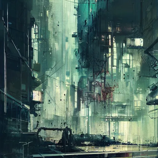 Image similar to a cyberpunk, wires, machines, in a dark future city by jeremy mann, francis bacon and agnes cecile, ink drips, paint smears, digital glitches glitchart c - 1 0