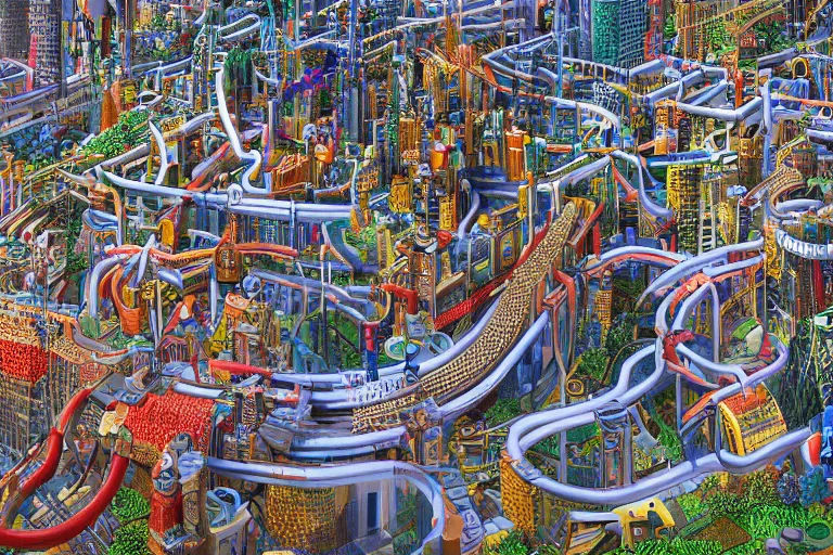 Prompt: an elaborate penned illustration of a colorful intricate connected city of tubes and pipes, by jan van haasteren and jheronimus bosch, unreal engine, physically based rendering, ariel view, tilt - shift