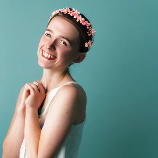 Image similar to a photograph of beautiful nordic woman, wistful smile, wearing a white folkdrakt dress, she has a summer flower headband. against a teal studio backdrop. strong kodak portra 4 0 0 film look. film grain. cinematic. in - focus