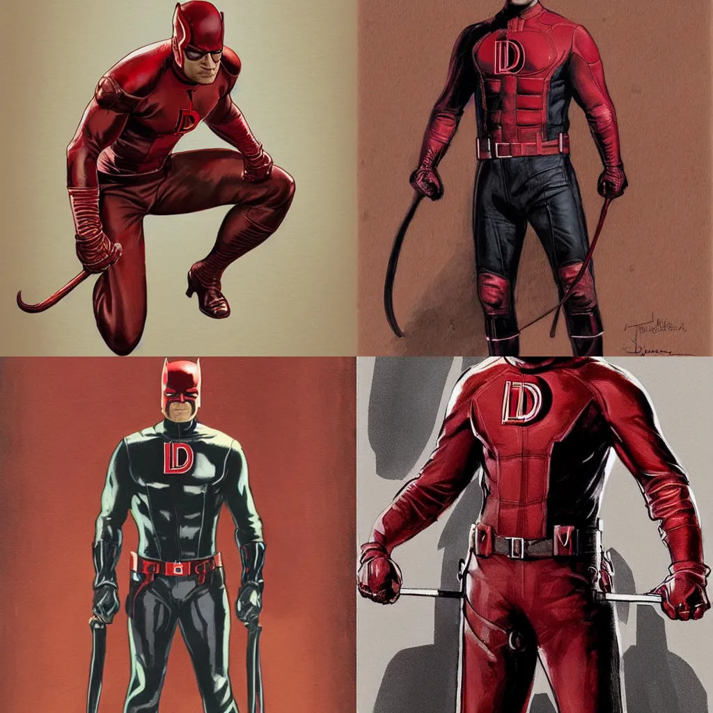 Image similar to daredevil concept art leather suit billy stick painted by jc leyendecker