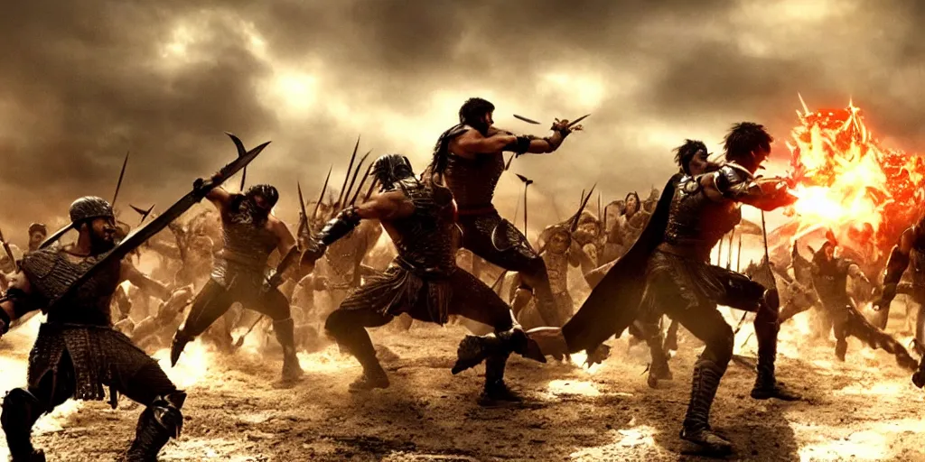 Image similar to epic battle screen of hero, film still from the movie'3 0 0'( 2 0 0 6 ), 3 d, 8 k realistic, cryengine, playstion 5 screen, cinematic lighting