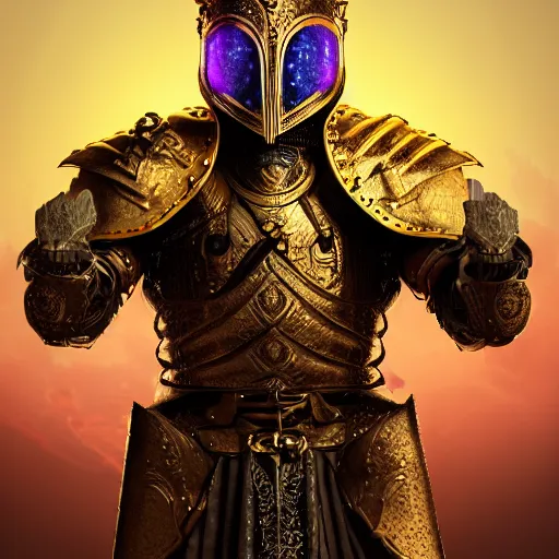 Image similar to a highly detailed knight with glowing purple eyes in a golden helmet and a golden crown with a diamond in the center, golden armor, leather clothes under the armor, leather gloves, holds a black sword, artstation, DeviantArt, professional, octane render, sunset lighting