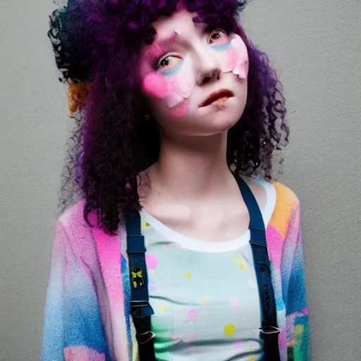 Prompt: a cute young woman with messy curly pastel hair, harajuku fashion, In the style of lya kushinov, Avetetsuya Studios