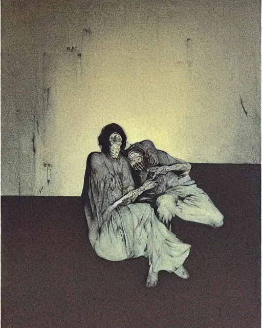 Prompt: an old dead couple sitting on an old couch holding hands in an old apartment,  Francisco Goya painting, part by Beksiński and James Jean. art by Takato Yamamoto, Francis Bacon masterpiece