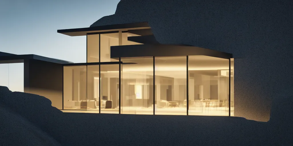 Prompt: A beautiful realistic architectural rendering of a modern minimalistic house on a cliff with a mysterious glow emitting from inside, by octane render and corona render