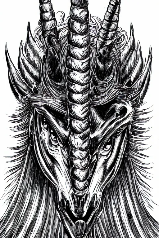 Prompt: bloodthirsty unicorn, symmetrical, highly detailed, digital art, sharp focus, trending on art station, kentaro miura manga art style