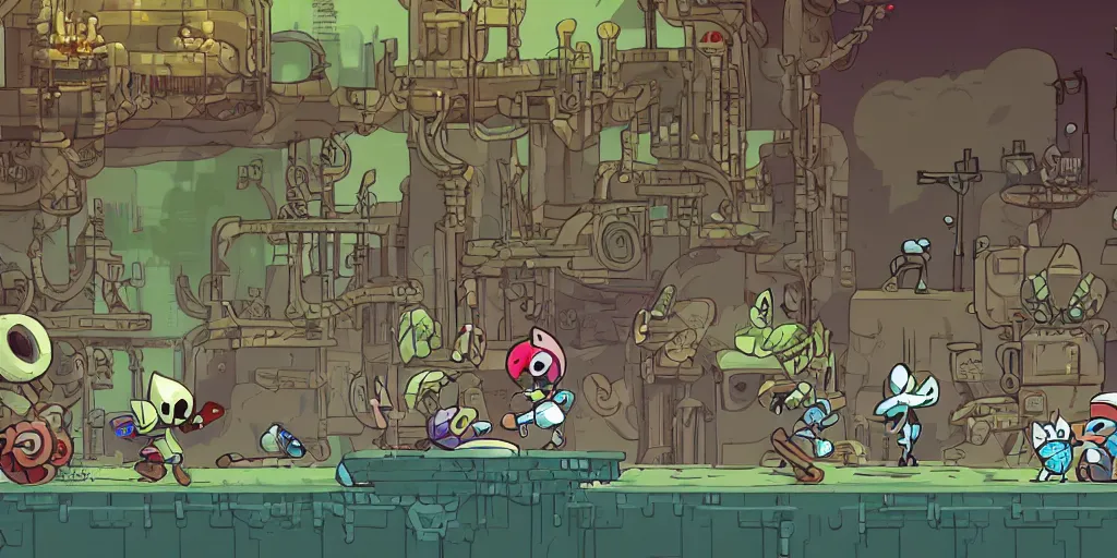 Image similar to Scenario without characters, empty scenario, art by Tomba, ori and the blind, Dead cells ,Hollow knight ,wonder boy , Megaman, Blasphemous , Portraiting a platform game showing an old industry, subject in the center, subject on the center screen, inside iron and machines, side scrolling, Rule of Thirds, 4K, Retrofuturism, Studio Ghibli, Simon Stålenhag