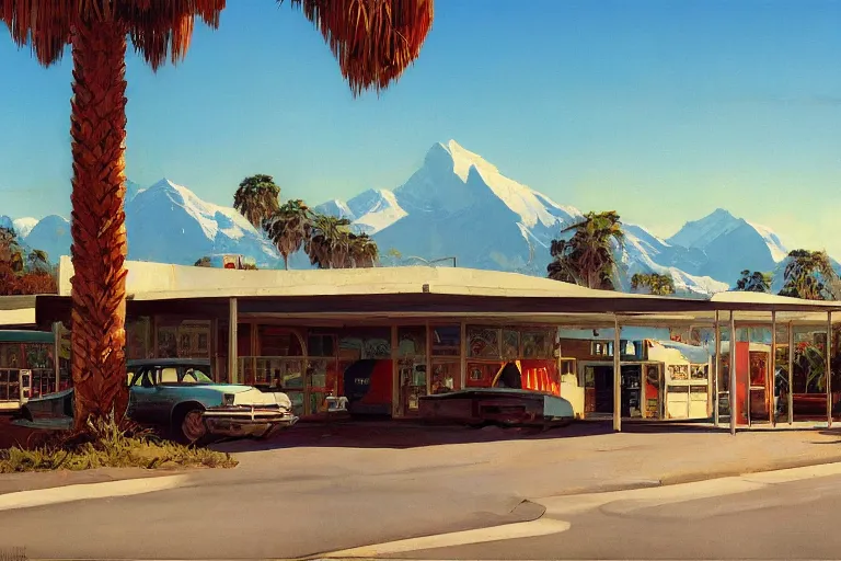 Image similar to natural american landscape | abandoned gas station | palm trees | snowy mountains, painting by syd mead and weta studio and james jean, frank frazetta, highly detailed, rule of third, soft lighting, 8 k resolution, oil on canvas, architectural magazine, beautiful detailed, insanely intricate details, artstation trending, hypermaximalistic, high details, cinematic