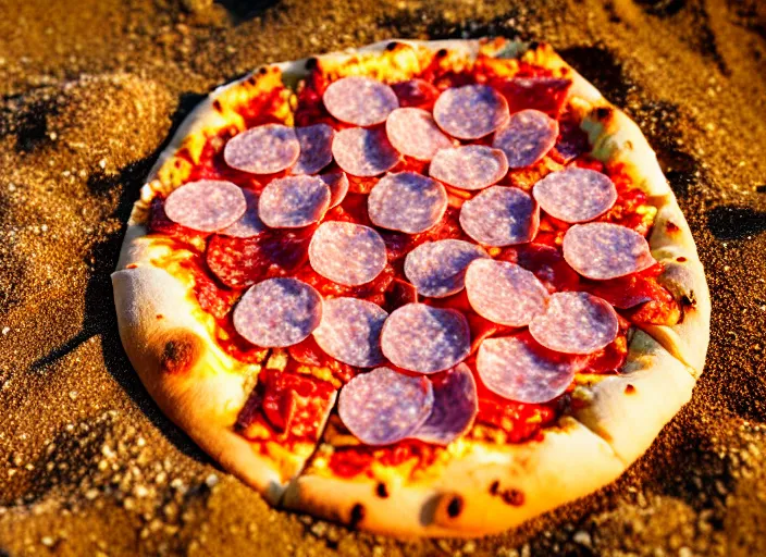 Image similar to clear highly detailed photorealistic food photograph of a pizza with salami anchovies pepperoni lying in beach sand at sunset