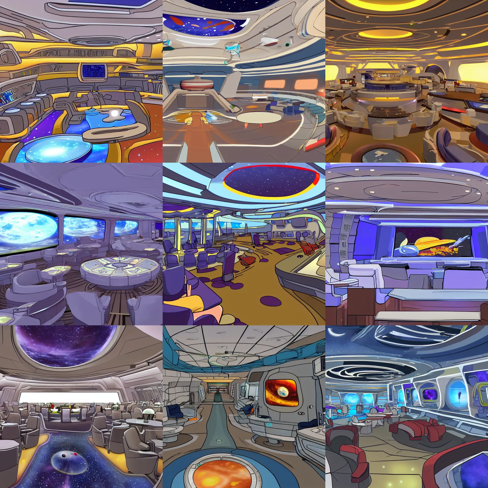 Prompt: the main entertainment area onboard a large passenger cruise spaceship, from a space themed serria point and click 2 d graphic adventure game, art inspired by space quest v