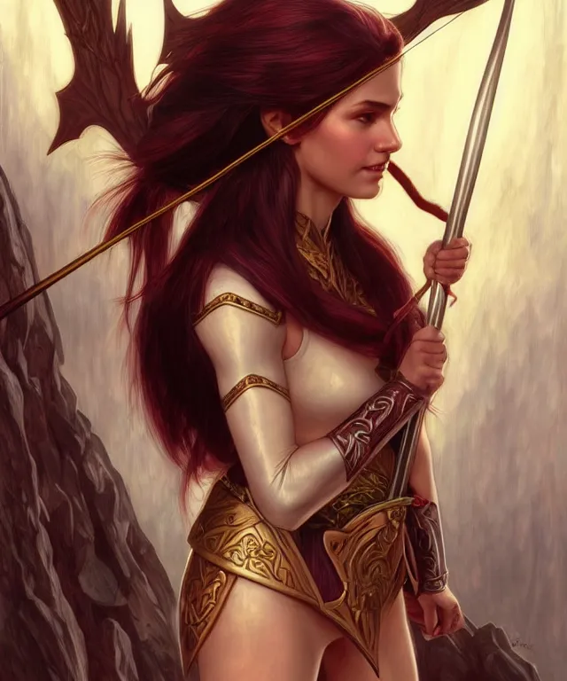 Image similar to ( ( ( aurora aksnes ) ) ) as a strong powerful angry fantasy elf with a bow and arrow, portrait, fantasy, intricate, elegant, highly detailed, digital painting, artstation, concept art, smooth, sharp focus, illustration, art by artgerm and larry elmore and alphonse mucha