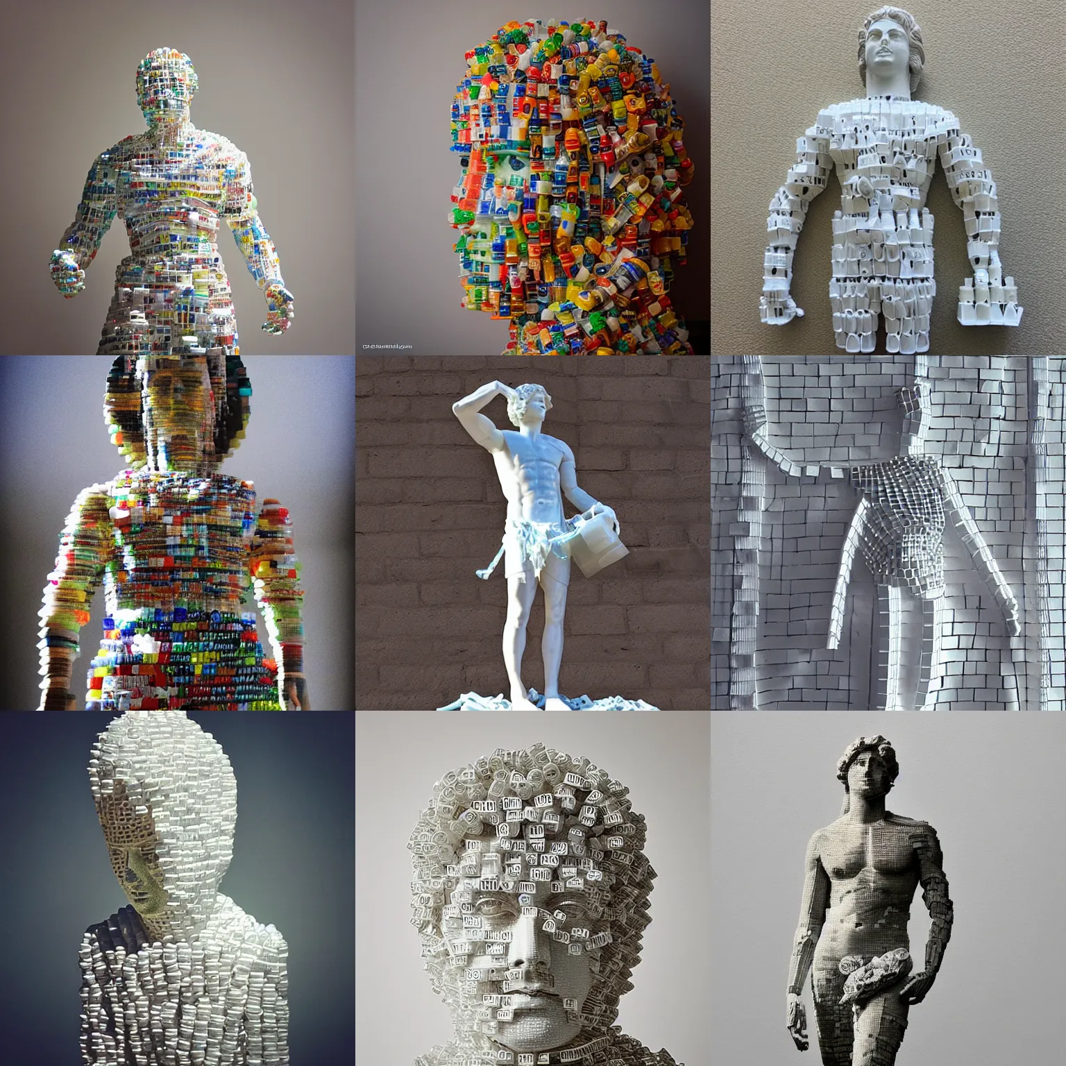 Prompt: “Apollo statue made of plastic cups and bags, detailed but rough, 4k photo, great light and shadows”