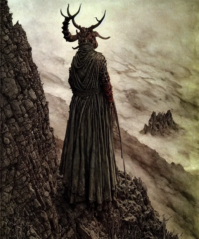 Prompt: A detailed horned crocodileman stands among the hills. Wearing a ripped mantle, robe. Fangs. Extremely high details, realistic, fantasy art, solo, masterpiece, art by Zdzisław Beksiński, Arthur Rackham, Dariusz Zawadzki