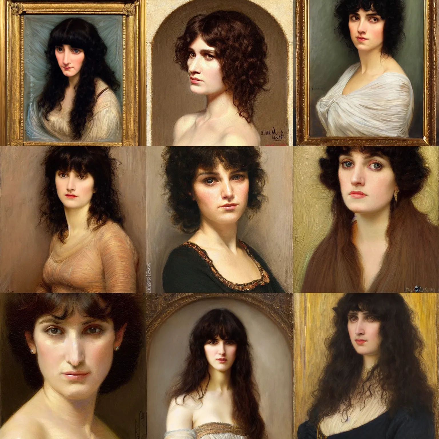 Prompt: portrait of a beautiful frowning woman with bangs and dark curls by Edwin Longsden Long and Theodore Ralli and Nasreddine Dinet and Adam Styka, masterful intricate artwork. Oil on canvas, excellent lighting, high detail 8k