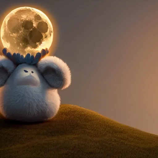 Prompt: a cute stuffed animal holding the moon in it's hand, backlight, 3 d render, octane render, magical lighting, still from moon keeper by pixar and dreamworks