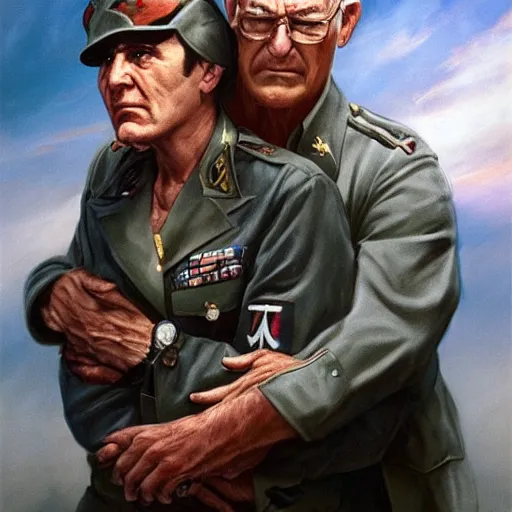 Image similar to an aging war hero holds his memories in his arms, alex ross, artgerm, atmospheric, anamorphic, cinematic