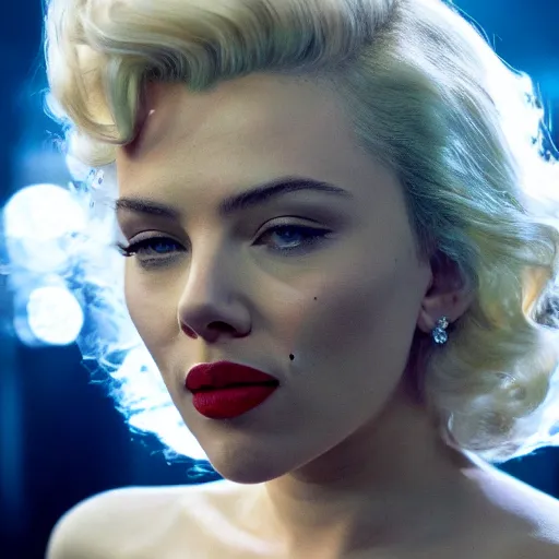 Image similar to stunning awe inspiring scarlett johansen as marilyn monroe, movie still 8 k hdr atmospheric lighting