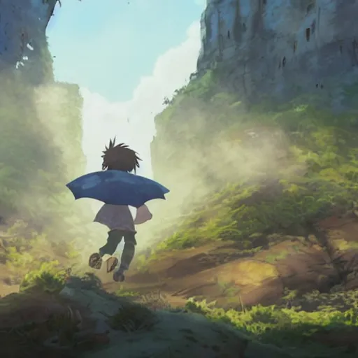 Prompt: incredible wide screenshot, ultrawide, simple watercolor, rough paper texture, made in abyss movie scene, backlit distant shot of girl in a parka running from a giant moster invasion side view, yellow parasol in deserted dusty shinjuku junk town, broken vending machines, bold graphic graffiti, old pawn shop, bright sun bleached ground, mud, fog, dust, windy, scary robot monster lurks in the background, ghost mask, teeth, animatronic, black smoke, pale beige sky, junk tv, texture, dusty, dry, pencil marks, genius party,shinjuku, koji morimoto, katsuya terada, masamune shirow, tatsuyuki tanaka hd, 4k, remaster, dynamic camera angle, deep 3 point perspective, fish eye, dynamic scene