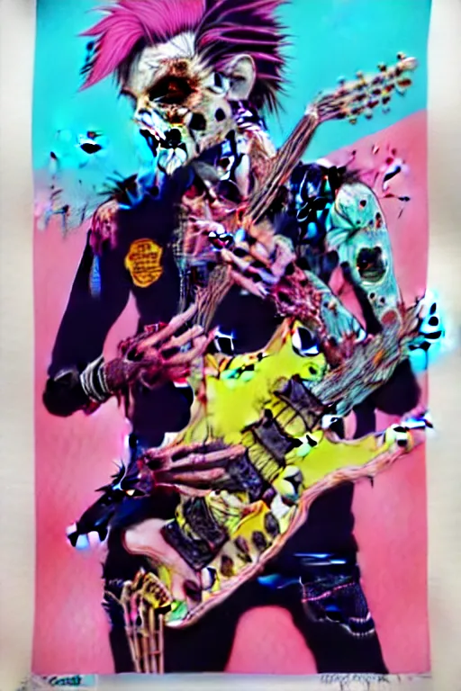 Image similar to risograph of a punk zombie playing guitar, tristan eaton, victo ngai, artgerm, rhads, ross draws, intricated details