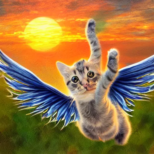 Image similar to a photograph of cute cat with wings flying towards the sunset, highly detailed, photorealistic, impressionism style