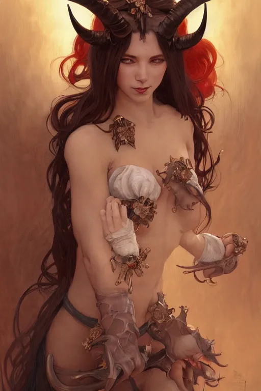 Prompt: Portrait of beautiful demon peasant maiden with horns, intricate, elegant, highly detailed, digital painting, artstation, concept art, smooth, sharp focus, illustration, art by artgerm and greg rutkowski and alphonse mucha