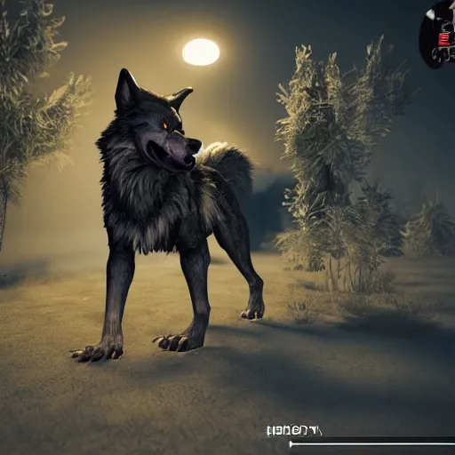 Image similar to werewolf hidden in the dark. higly detailed. unreal engine 5