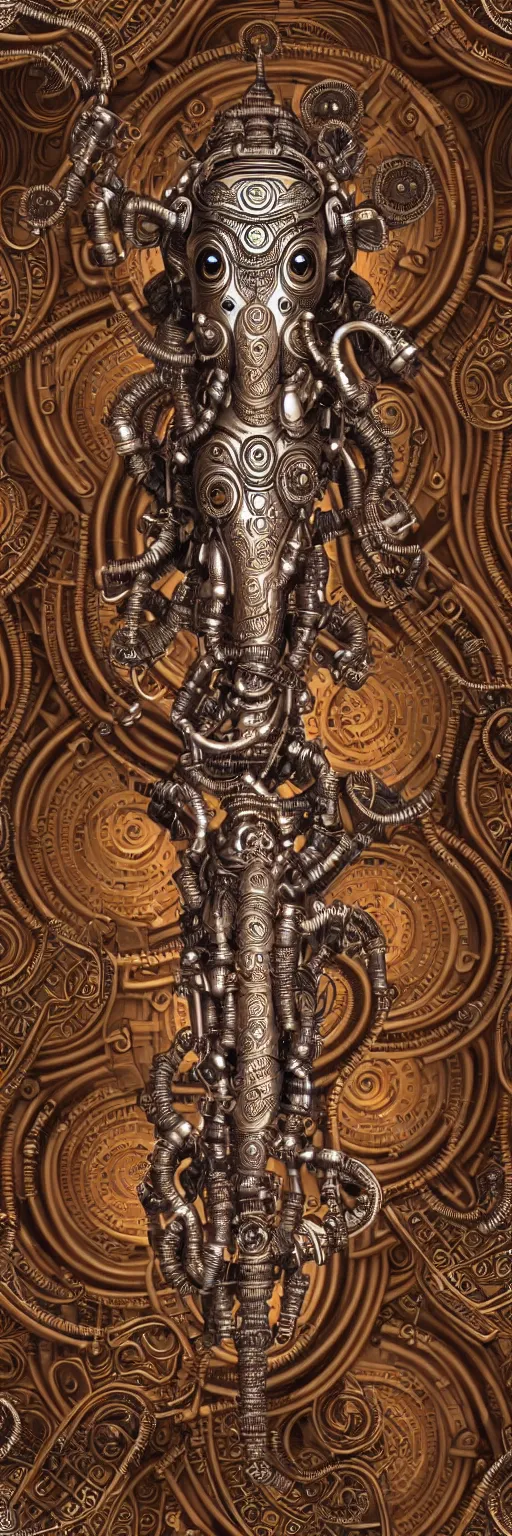 Image similar to seamless pattern of steampunk cybernetic biomechanical hindu god ganesha, symmetric, 3 d model, very coherent symmetrical artwork, unreal engine realistic render, 8 k, micro detail, intricate, elegant, highly detailed, centered, digital painting, artstation, smooth, sharp focus, illustration, artgerm, tomasz alen kopera, wlop