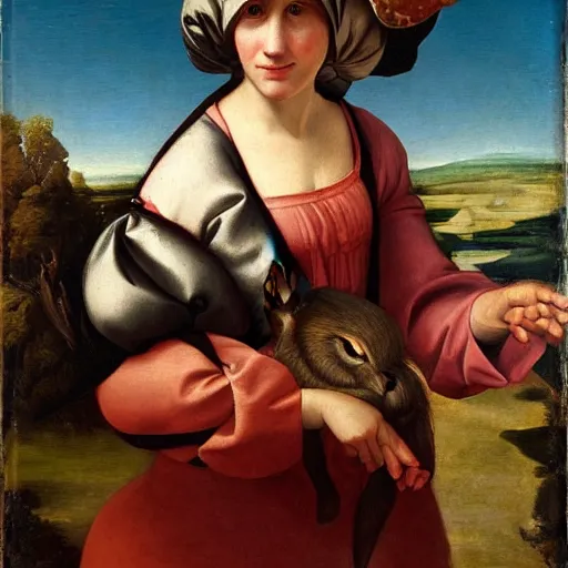 Image similar to the lady with the rabbit hat. renaissance painting, oil on canvas, 1 8 7 0.