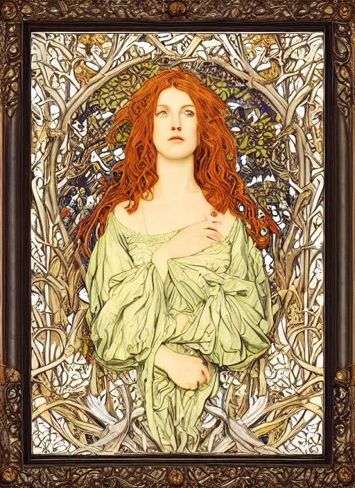 Image similar to masterpiece beautiful seductive flowing curves preraphaelite face portrait photography, sam spratt, extreme close up shot, straight bangs, thick set features, yellow ochre ornate medieval dress, amongst foliage mushroom forest circle arch, william morris and kilian eng and mucha, framed, 4 k