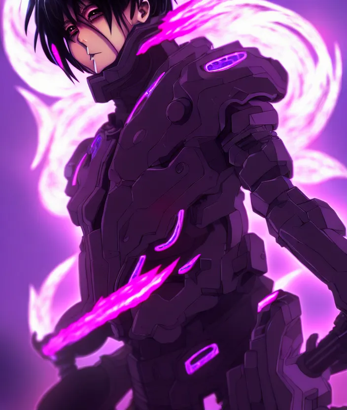 Image similar to a detailed manga illustration character full body portrait of a dark haired cyborg anime man wreathed in purple fire, trending on artstation, digital art, 4 k resolution, detailed, high quality, sharp focus, hq artwork, insane detail, concept art, character concept, character illustration, full body illustration, cinematic, dramatic lighting