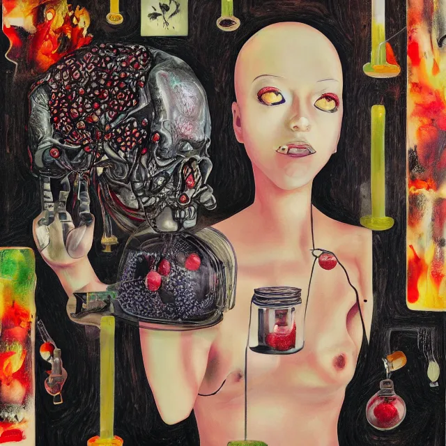 Prompt: dark kitchen of an art student, sensual portrait of a female transhuman robot holding a brain, japanese pottery, scales, tropical houseplants, test tubes, honey dripping from ceiling, berries dripping juice, pancakes, pomegranate, berries, octopus, scientific glassware, neo - expressionism, surrealism, acrylic and spray paint and oilstick on canvas