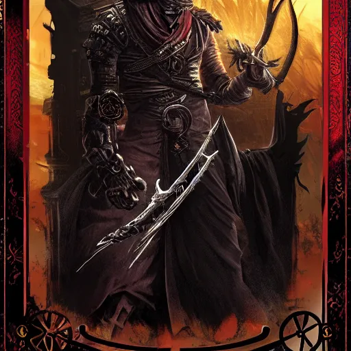 Prompt: Magic the gathering card of Male Victorian Gothic Ninja, with text, hd, intricate, bloodborne, 8k, digital art