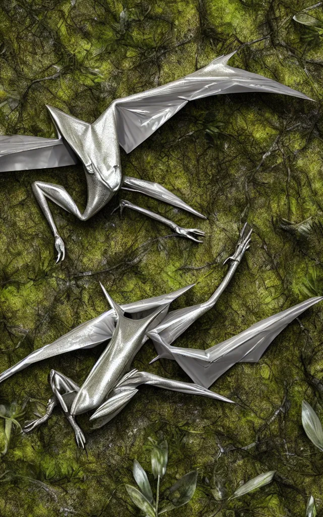 Prompt: metallic platinum pterodactyl lying in a swamp, moss and mud, photography, 3d render visualization