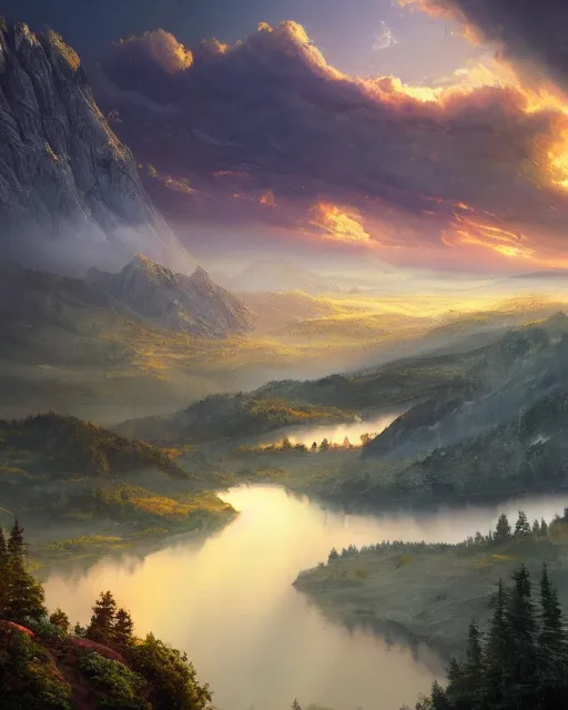 Image similar to A real photographic landscape painting with incomparable reality . Overlooking the mountains and rivers , lakes , clouds and sunshine ,burning clouds , Colorful world ,fairy tale , light effect , Dream , Dindar light , Greg Rutkowski , unreal engine , Super realistic painting style ,UE4,4k, UHD , super wide ,wlop ,artstation.