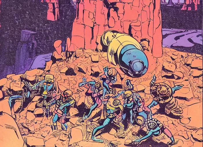 Image similar to comic book drawing of aliens building a base at the grand canyon by jack kirby!!! and gris grimly, cinematic, epic, awesome bright color palette, hard contrast, black ink outlines