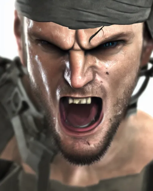 Image similar to solid snake portrait, cinematic lighting, anguished crying screaming yelling, mouth open, black atmospheric background, 4 k photography hdr